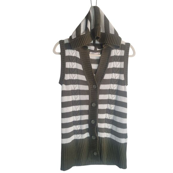 Old Navy Y2K Sweater Vest Women's Small Green White Stripes Hooded Cable Knit - Picture 1 of 11